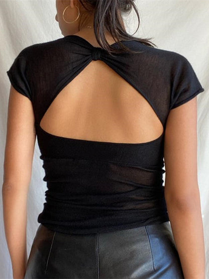 Semi-sheer Mesh Graceful Open Back T-shirt