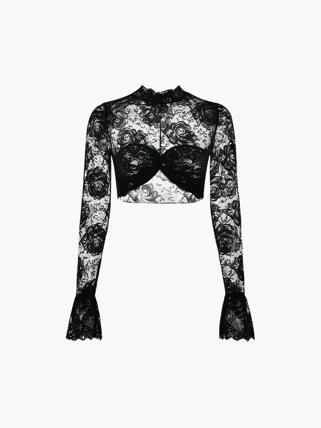 Rose Lace Mesh Trendy Mock Neck Crop Top Black / XS T Shirts