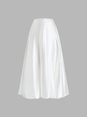 Zippered Satin Graceful A Line Midi Skirt Skirts