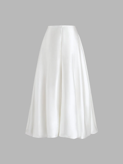 Zippered Satin Graceful A-Line Midi Skirt