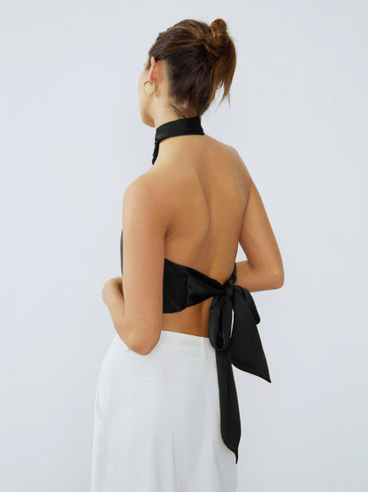 Halter Neck Twist Open Modern Back Satin Crop Top