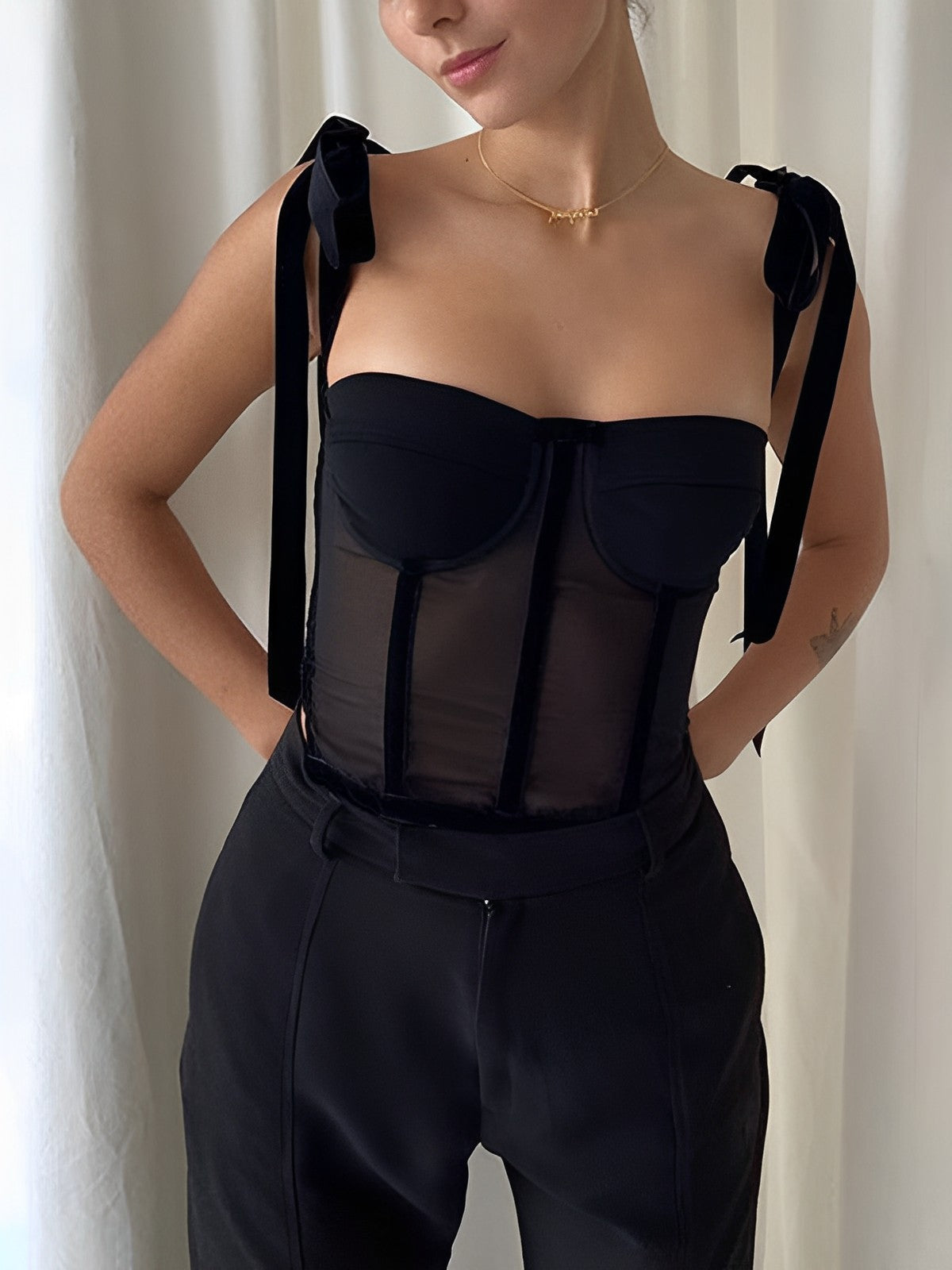 Tied Mesh Graceful Corset Crop Top