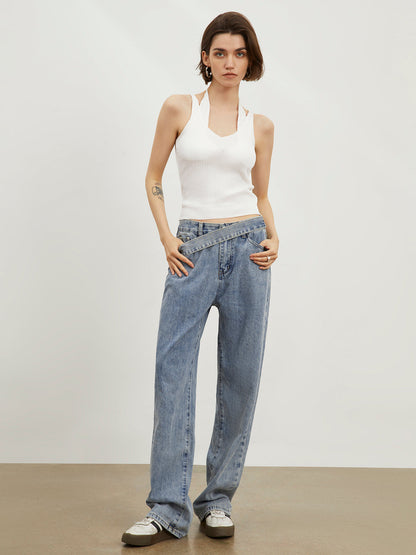 Oblique Belt Denim Trendy Straight Leg Jeans