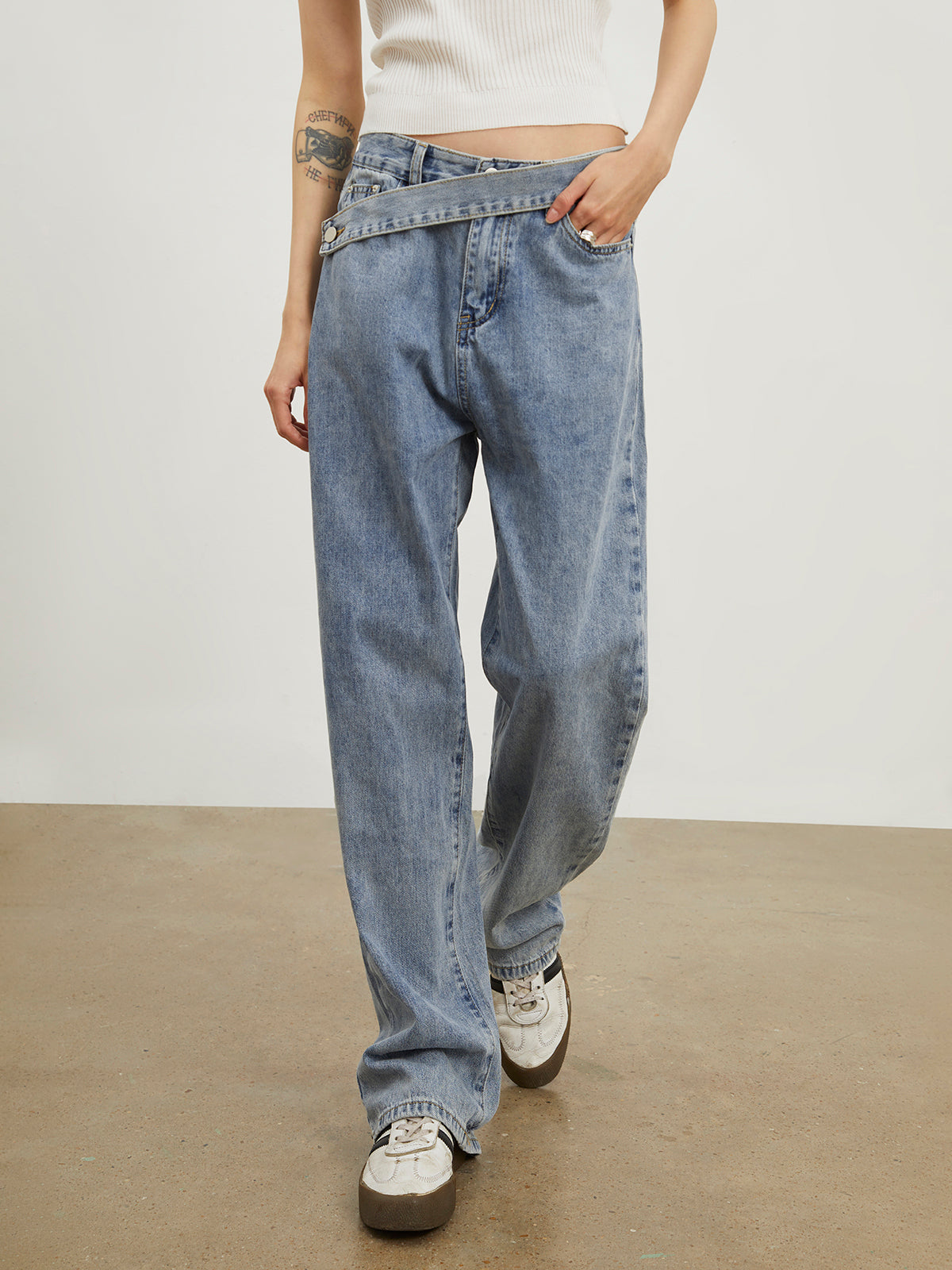 Oblique Belt Denim Trendy Straight Leg Jeans