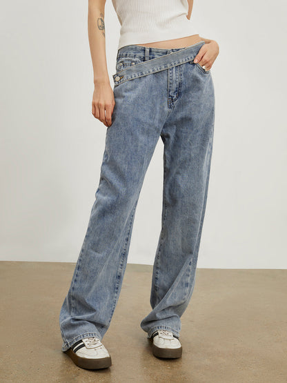 Oblique Belt Denim Trendy Straight Leg Jeans