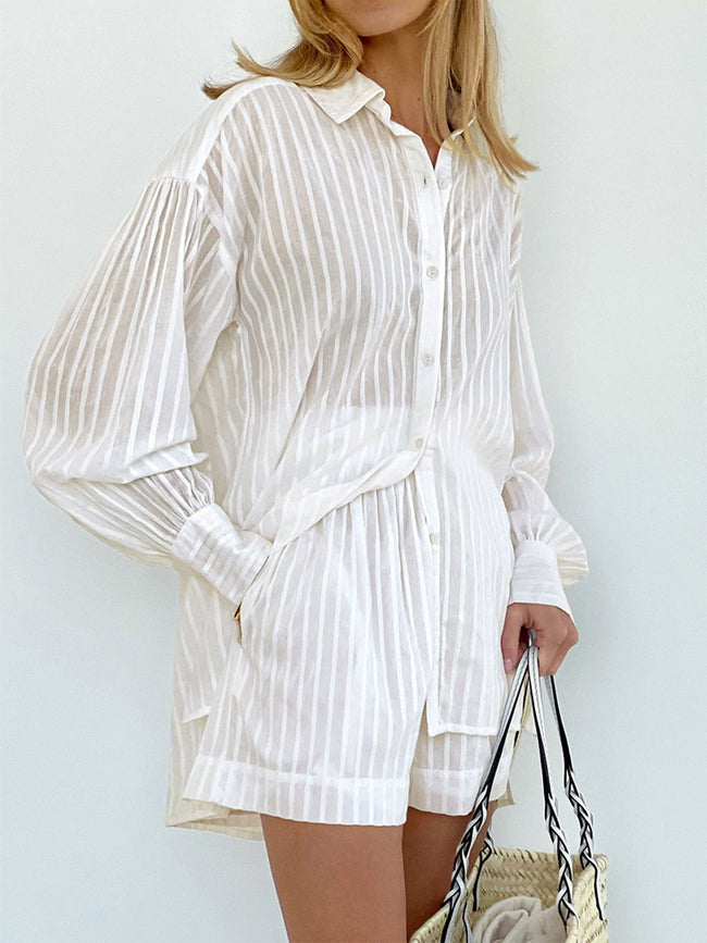 Cloud Nine Pinstripe See Modern Through Two Piece Shorts Set White / XS Short Sets Main image