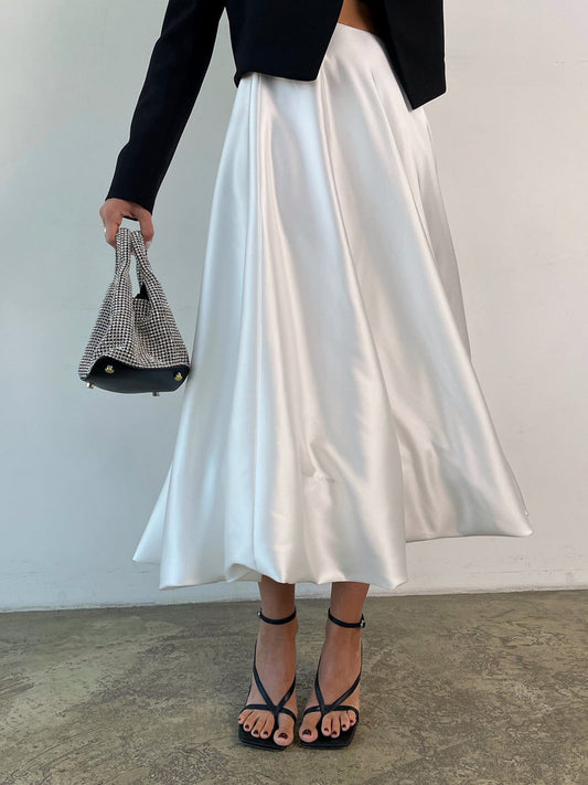 Zippered Satin Graceful A-Line Midi Skirt