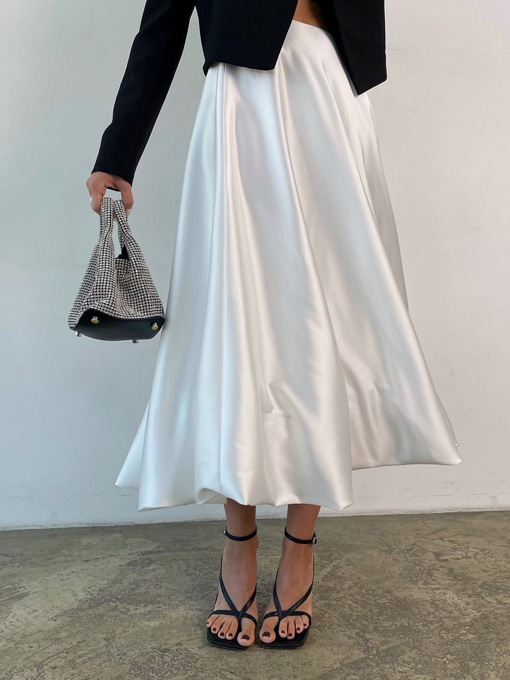 Zippered Satin Graceful A Line Midi Skirt Off White / XS Skirts