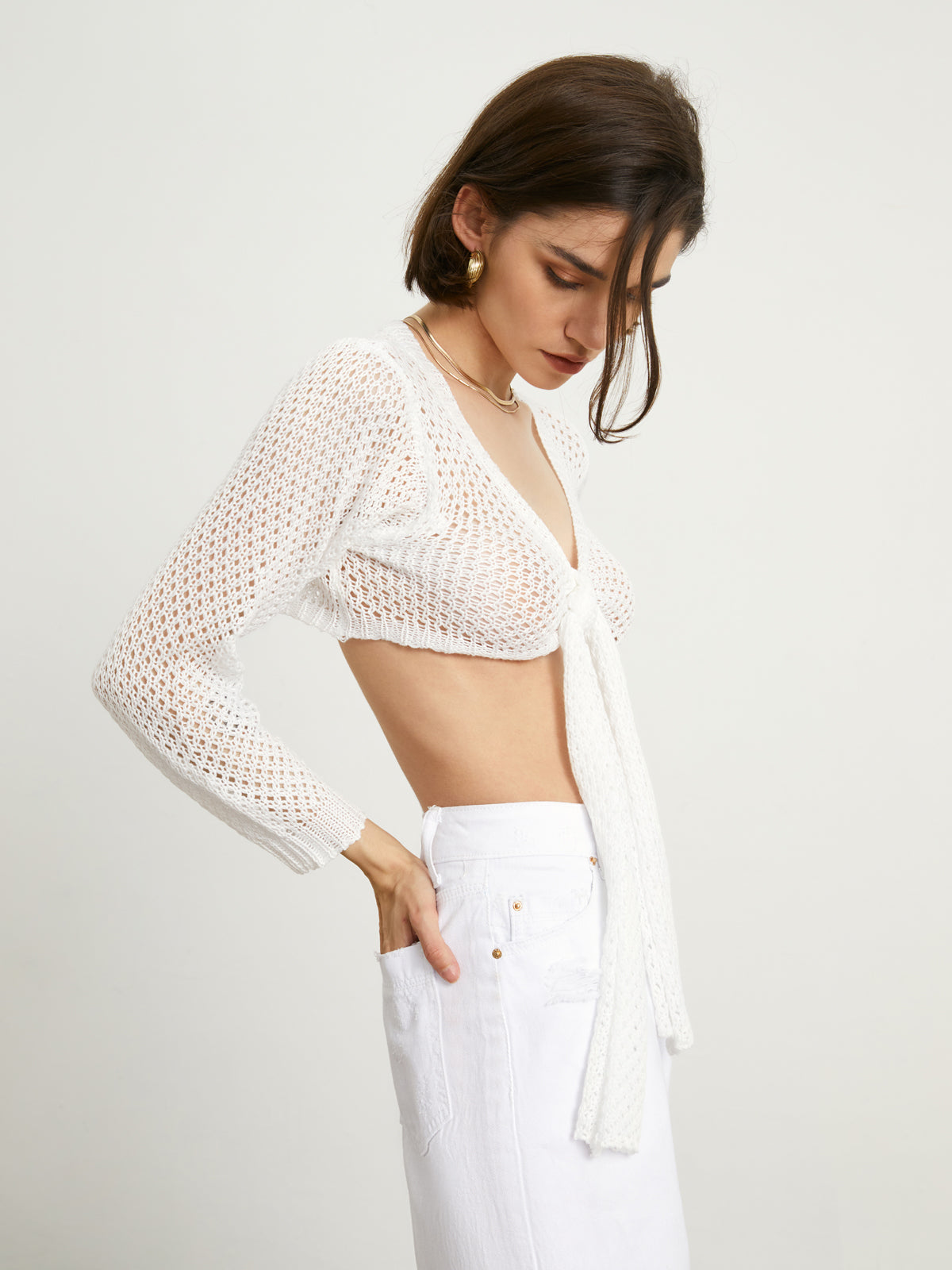 Tied Charming Pointelle Cardigan Sweaters L