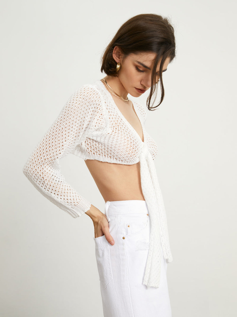 Tied Charming Pointelle Cardigan Sweaters L