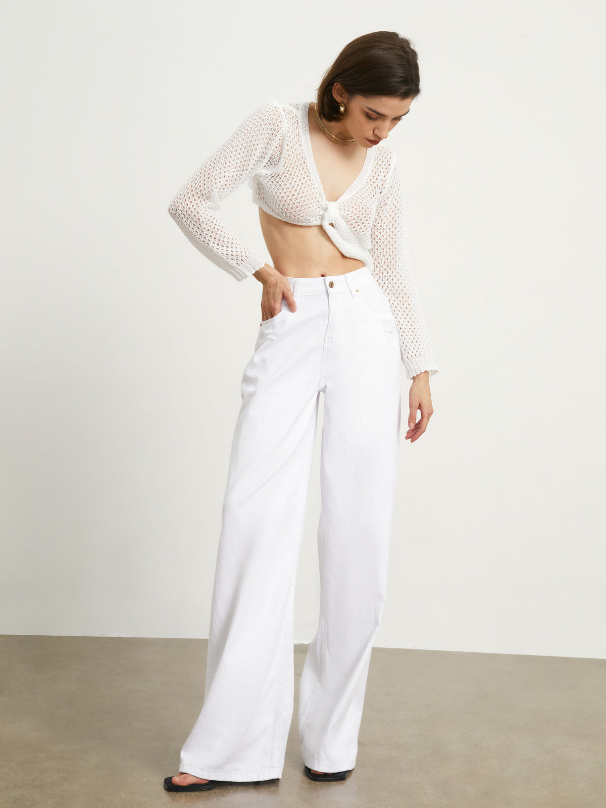 Tied Charming Pointelle Cardigan Sweaters L