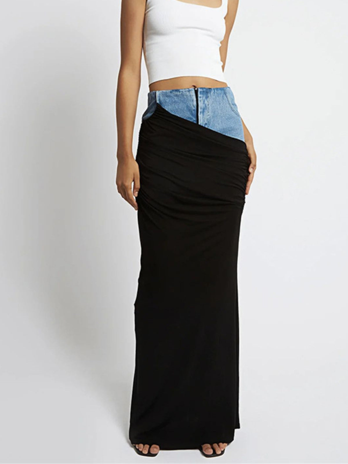 Patchwork Denim Graceful Ruched Maxi Skirt