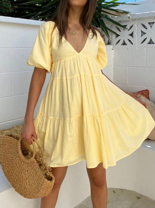 Sunshine Zippered Plunge Trendy Skater Short Dress Yellow / S Dresses Main image