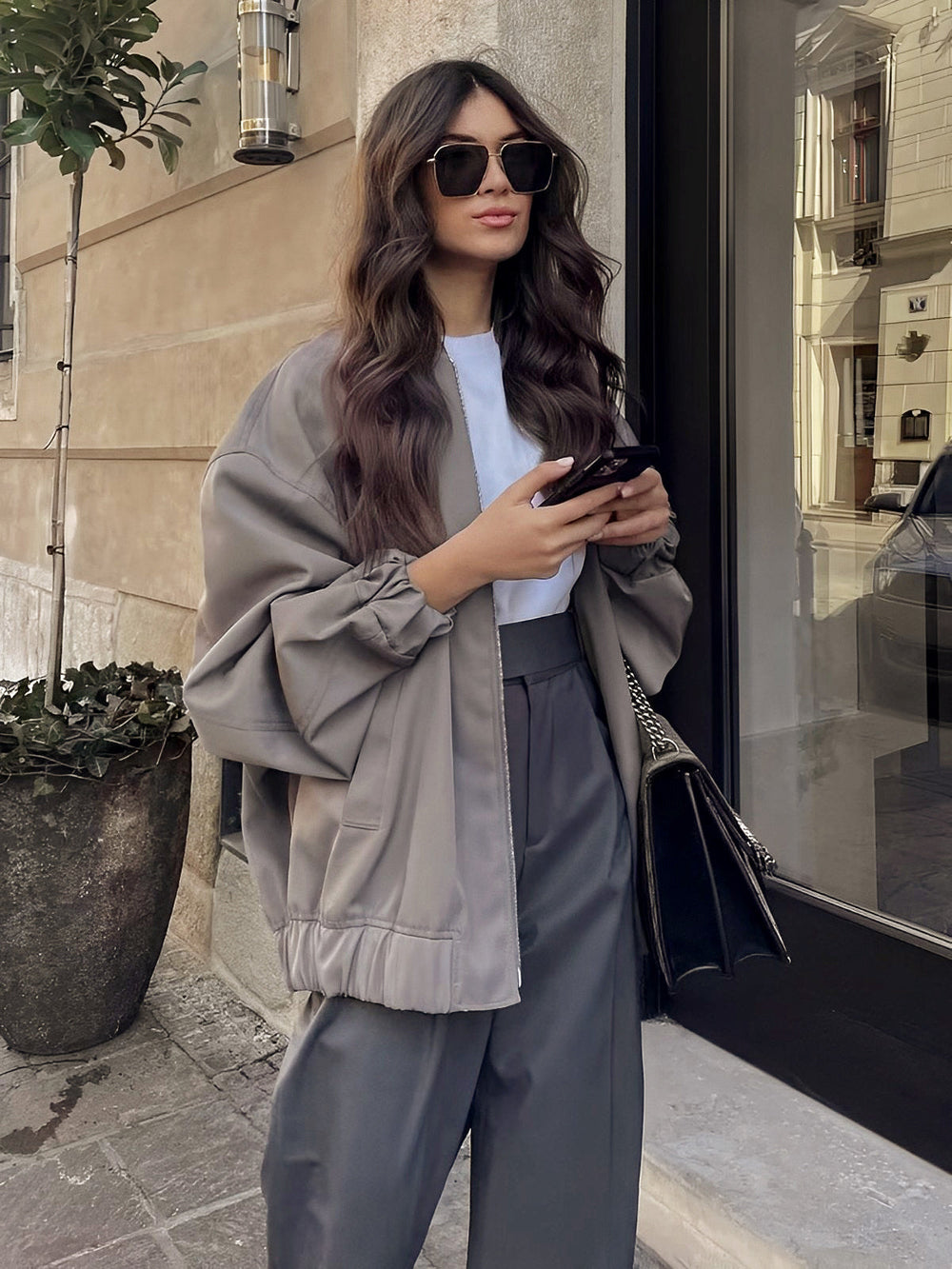 Utility Pockets Graceful Bomber Jacket Jackets