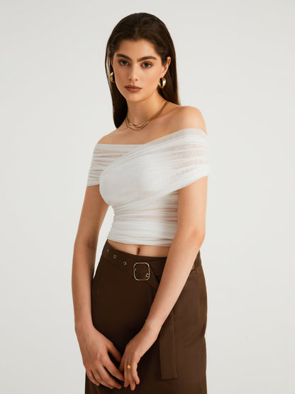 Criss Cross Off Trendy Shoulder Mesh Top