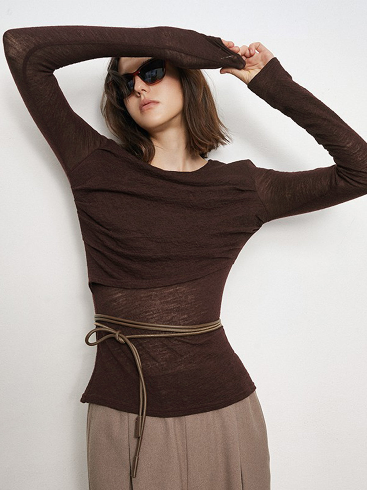 Double Layers Solid Trendy Long Sleeve Top Dark Brown / XS T Shirts Main image
