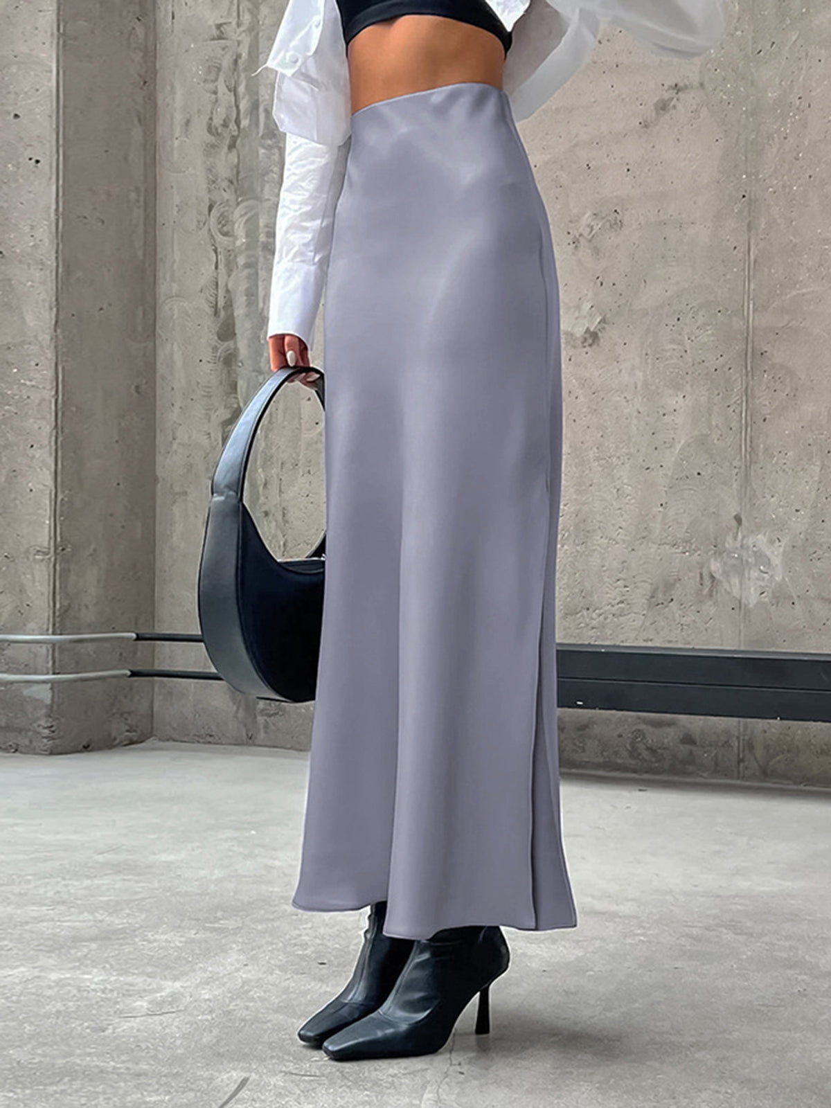 Slow Jams Satin Trendy Slit Maxi Skirt Grey / XS Skirts Main image