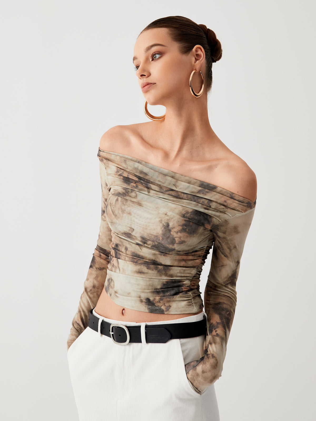 Terracotta Tulle Mesh Off Modern Shoulder Long Sleeve Crop Top