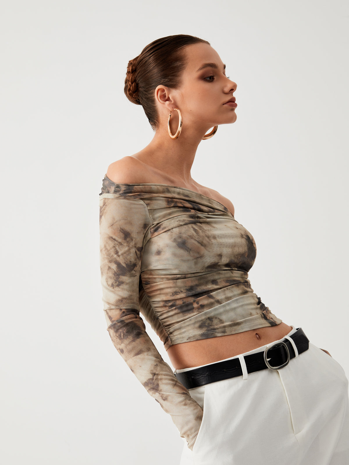 Terracotta Tulle Mesh Off Modern Shoulder Long Sleeve Crop Top