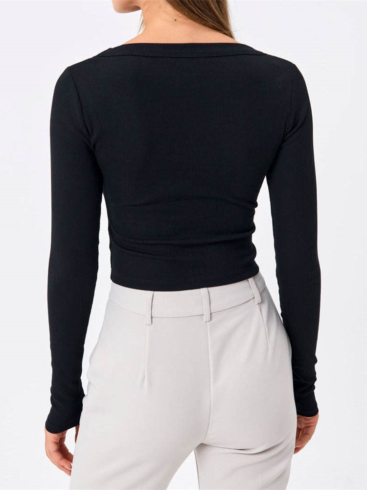 Long Sleeve Crew Trendy Neck Crop Shirt