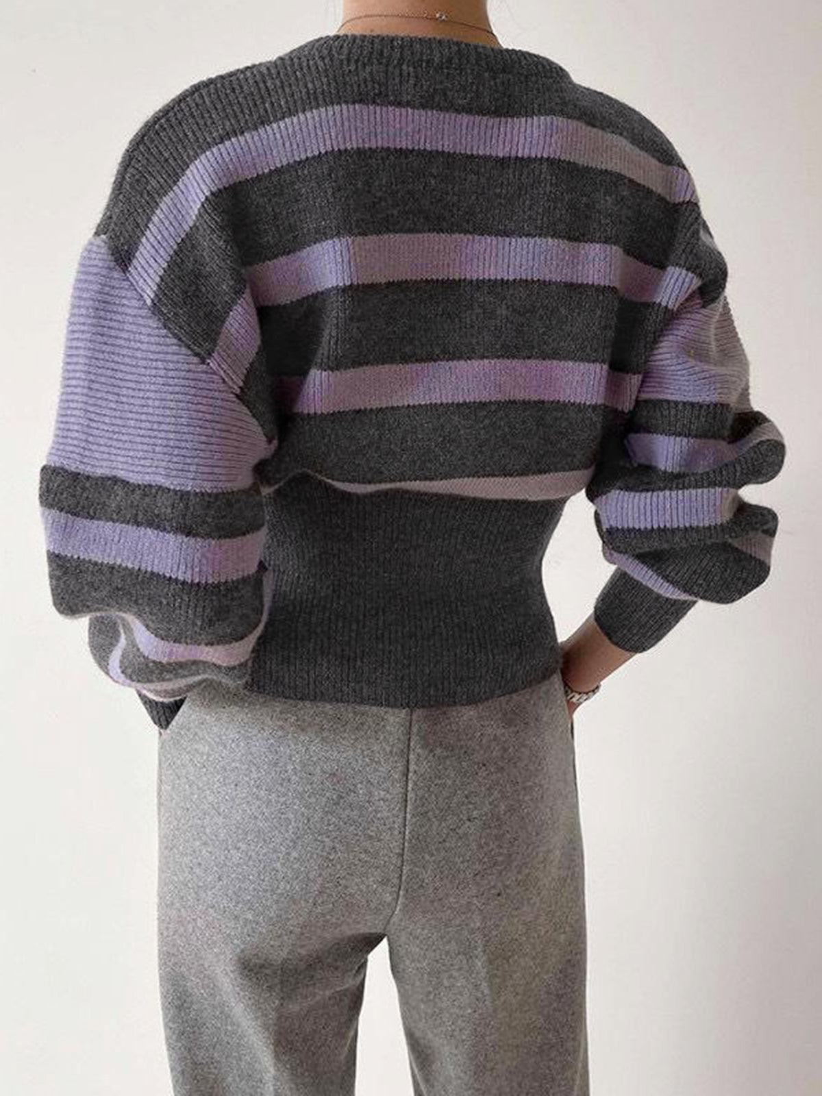 Stripe Asymmetric Graceful Notched Crop Sweater Sweaters L