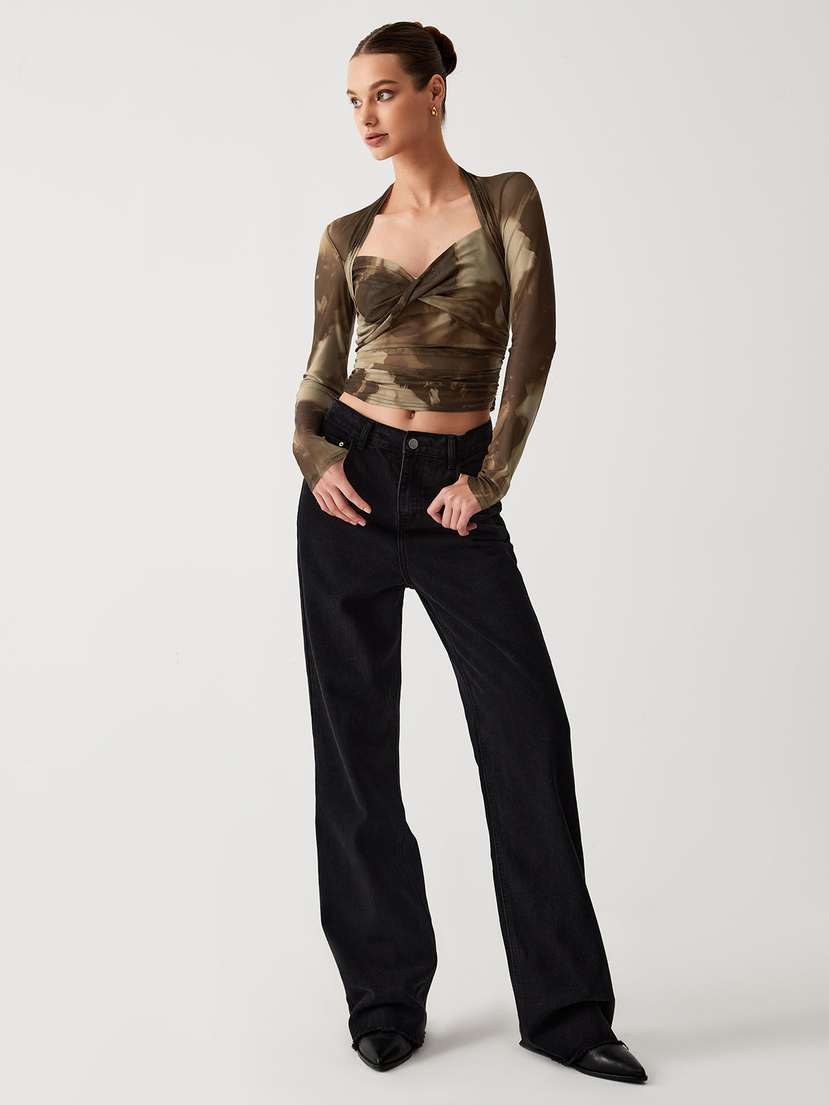 Tie Dye Mesh Twist Modern Long Sleeve Crop Shirt