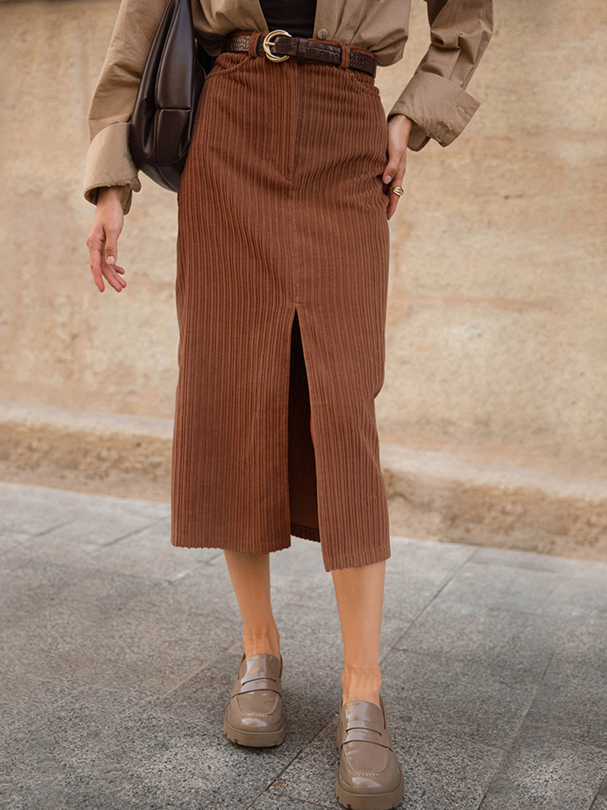 Caramel Corduroy Graceful Slit Midi Skirt Secondary image