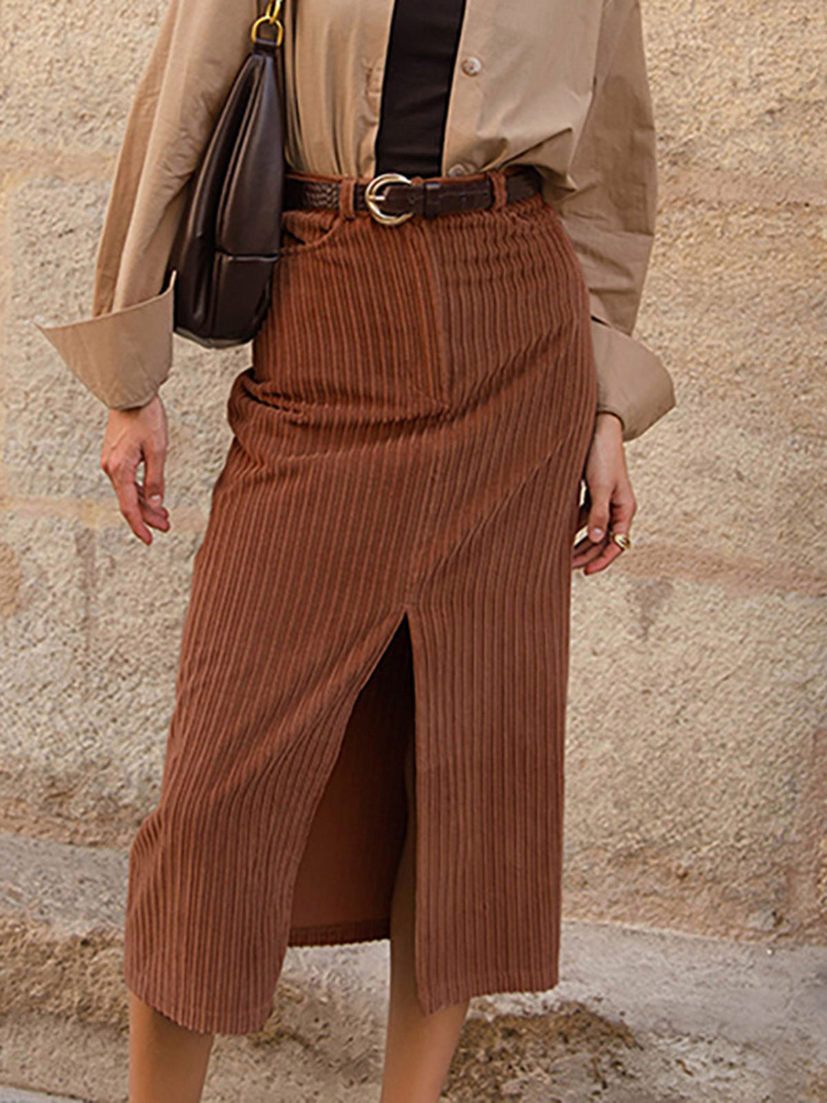 Caramel Corduroy Graceful Slit Midi Skirt Brown / XS Skirts Main image