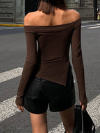 Terracotta Off Shoulder Trendy Long Sleeve Shirt T Shirts