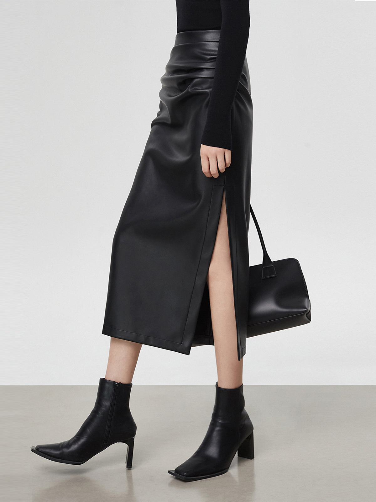 Faux Leather Ruched Trendy Slit Midi Skirt