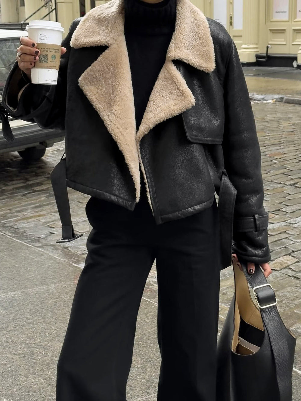 Too Blessed Sherpa Lined Modern Shearling Leather Flight Jacket Black / XS Fleece Jackets