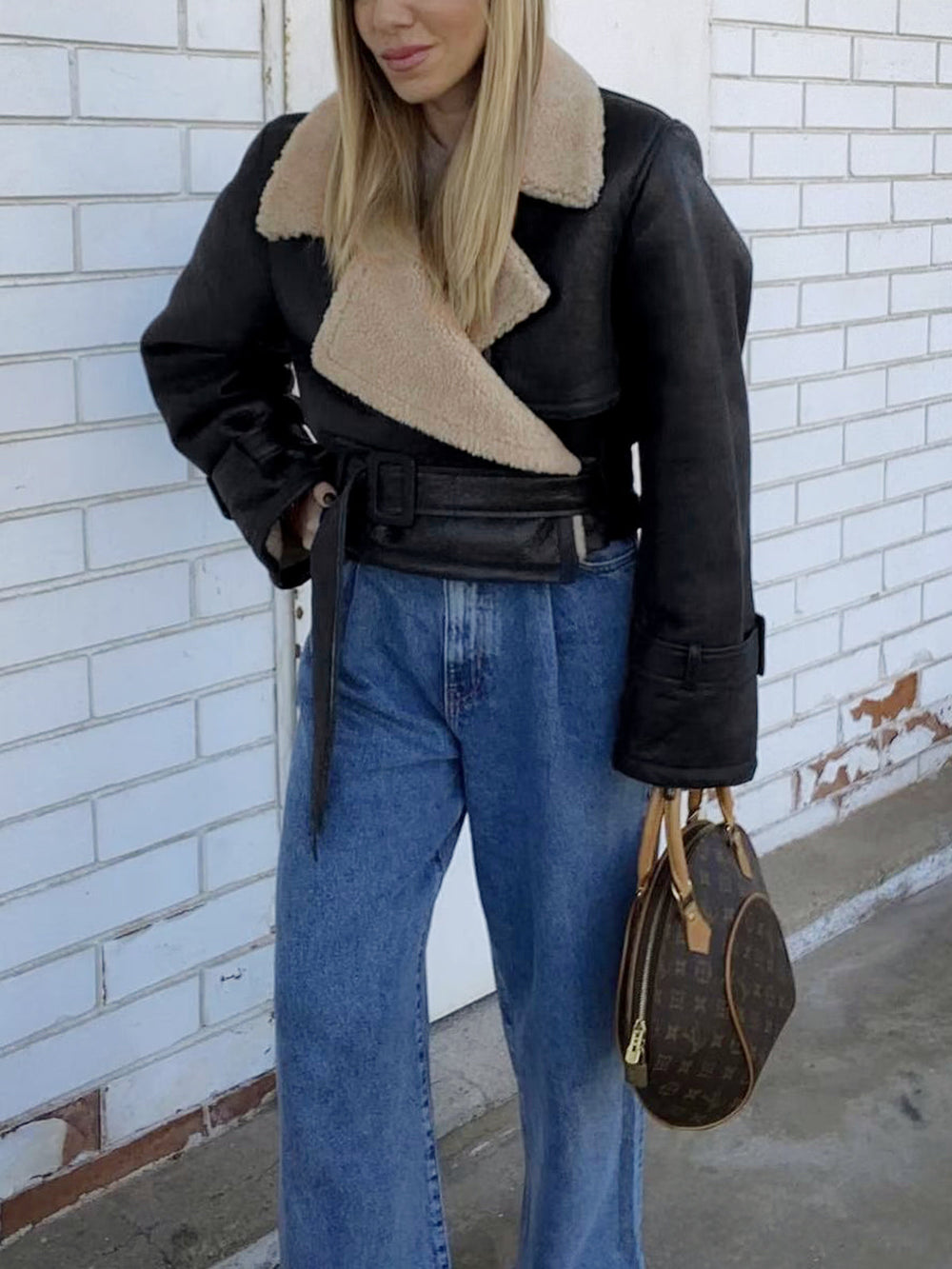 Too Blessed Sherpa Lined Modern Shearling Leather Flight Jacket Fleece Jackets