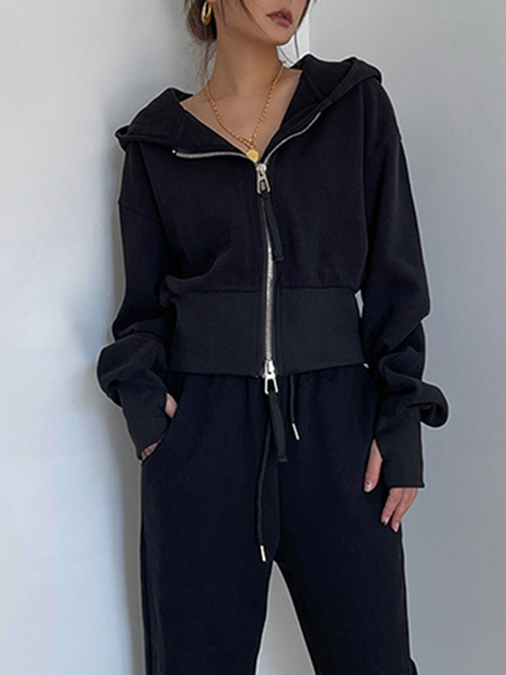 Zip Up Graceful Crop Hoodie Sweatshirts & Hoodies L