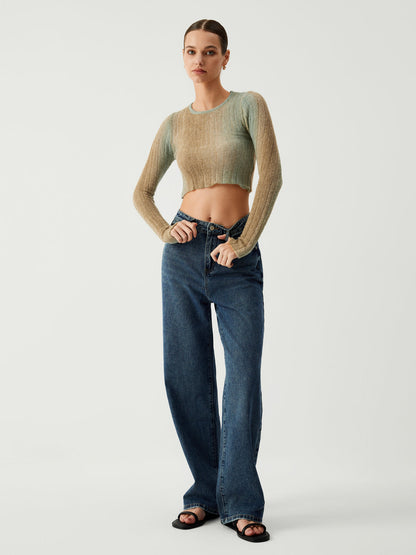 Ombre Greenfield Long Trendy Sleeve Crop Knit Top