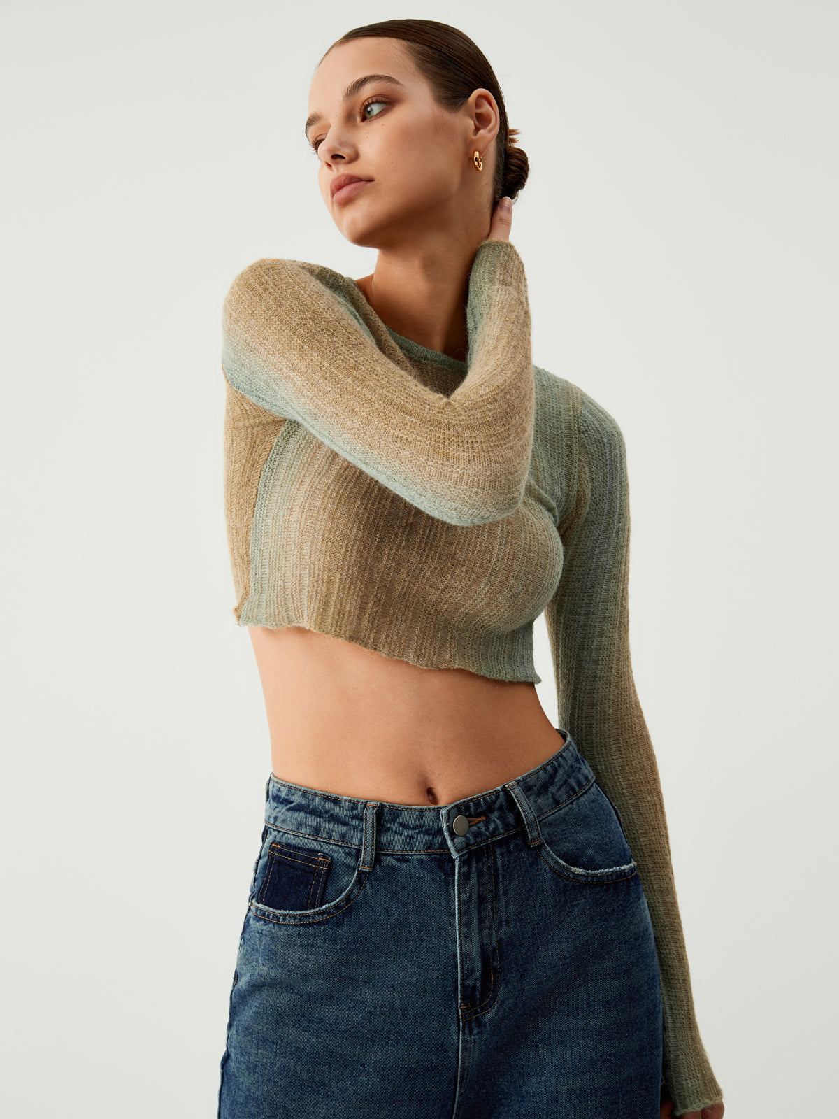 Ombre Greenfield Long Trendy Sleeve Crop Knit Top