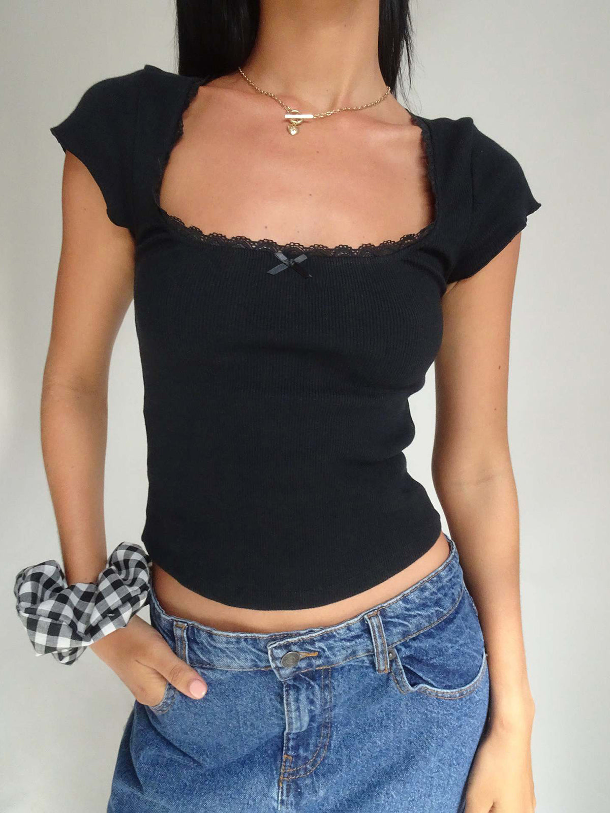 Like That Lace Trim Modern Cap Sleeve Crop Top