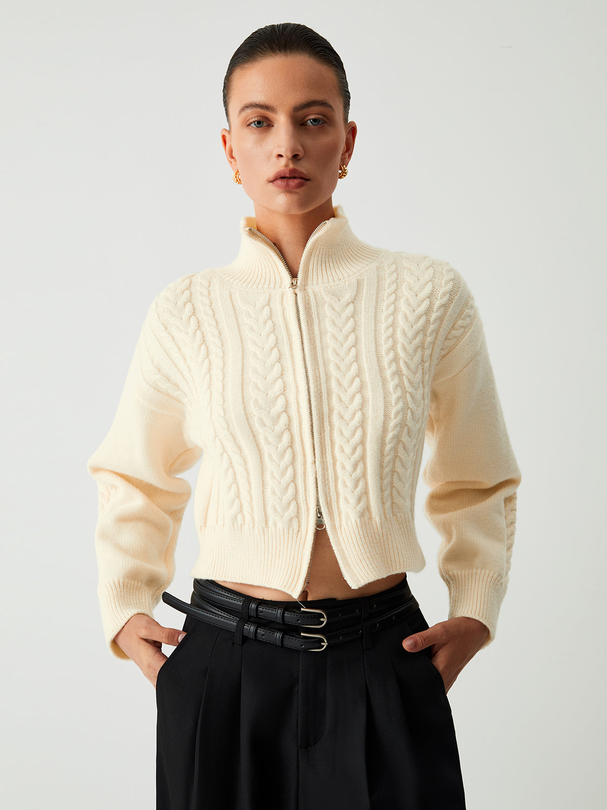 Cable Knit Two Trendy Way Zip Crop Cardigan Apricot / S Sweaters L Main image