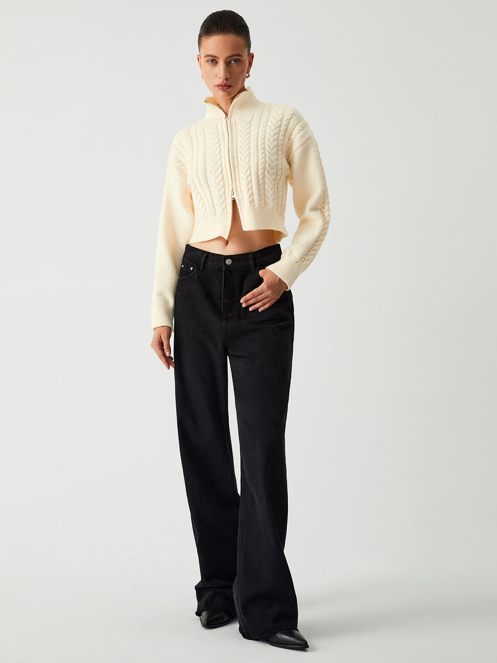 Cable Knit Two Trendy Way Zip Crop Cardigan Sweaters L