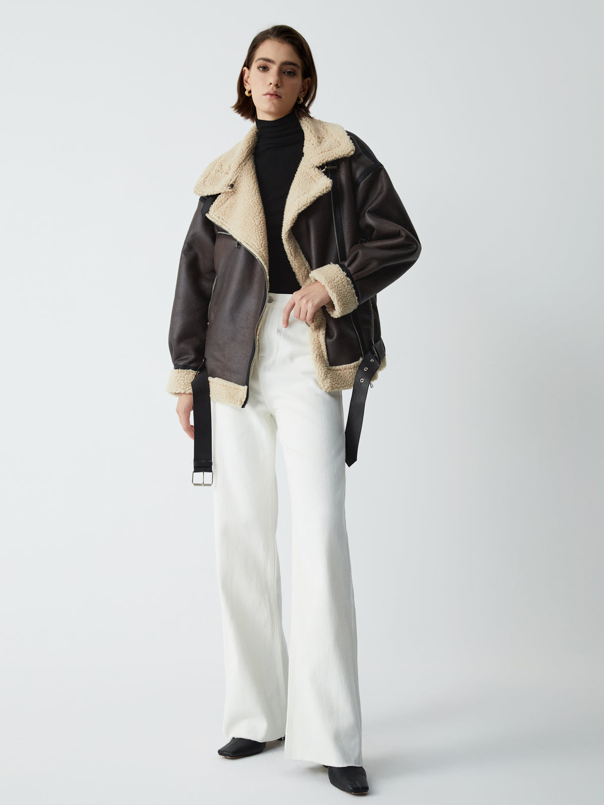 Classic Sherpa Lined Trendy Shearling Leather Flight Jacket Fleece Jackets