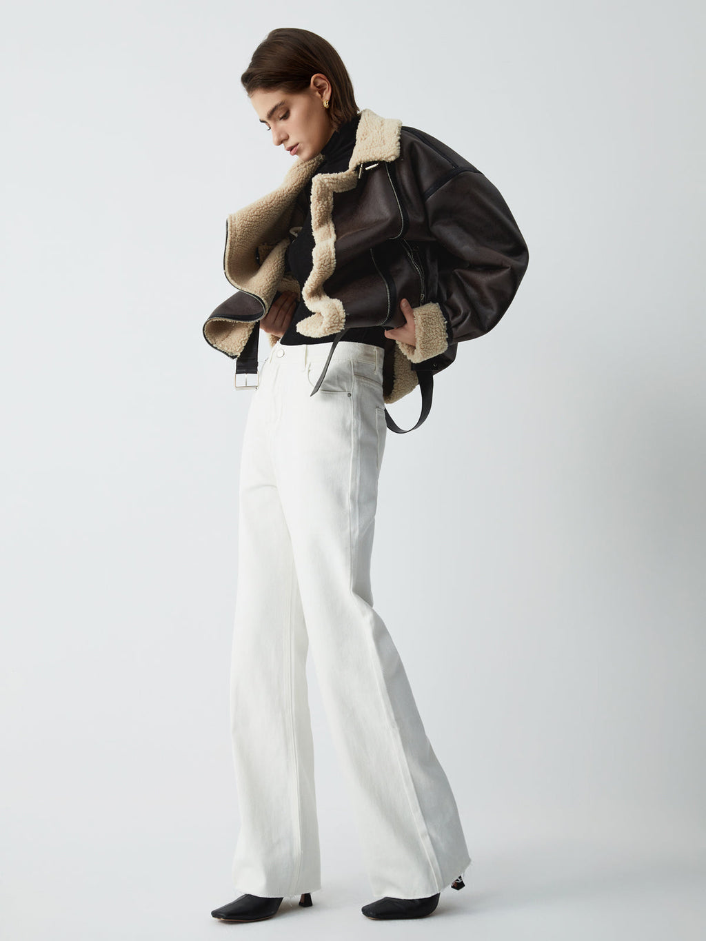 Classic Sherpa Lined Trendy Shearling Leather Flight Jacket Fleece Jackets