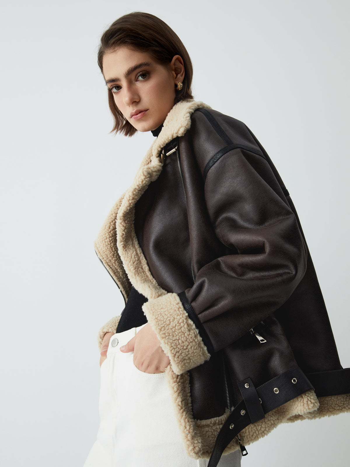 Classic Sherpa Lined Trendy Shearling Leather Flight Jacket Brown / XS Fleece Jackets Main image