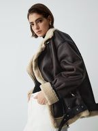 Classic Sherpa Lined Trendy Shearling Leather Flight Jacket Brown / XS Fleece Jackets
