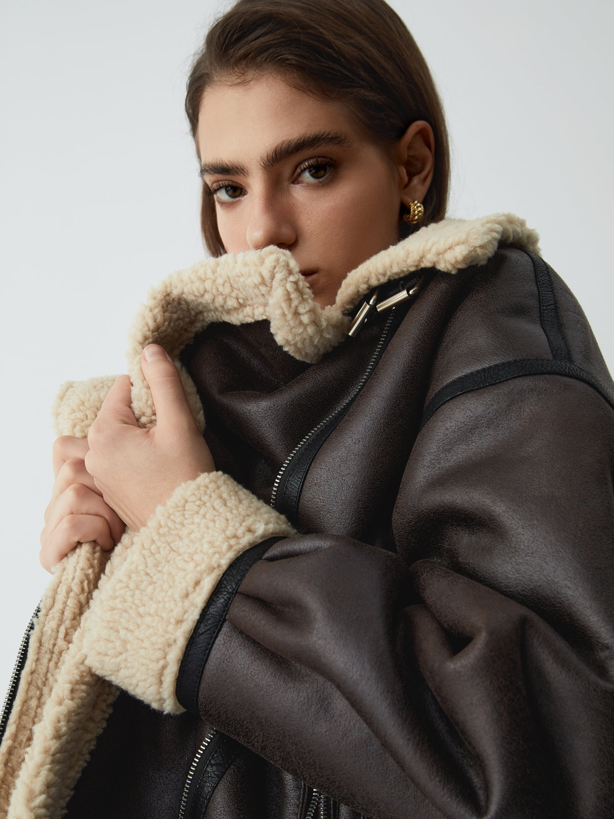Classic Sherpa Lined Trendy Shearling Leather Flight Jacket Fleece Jackets