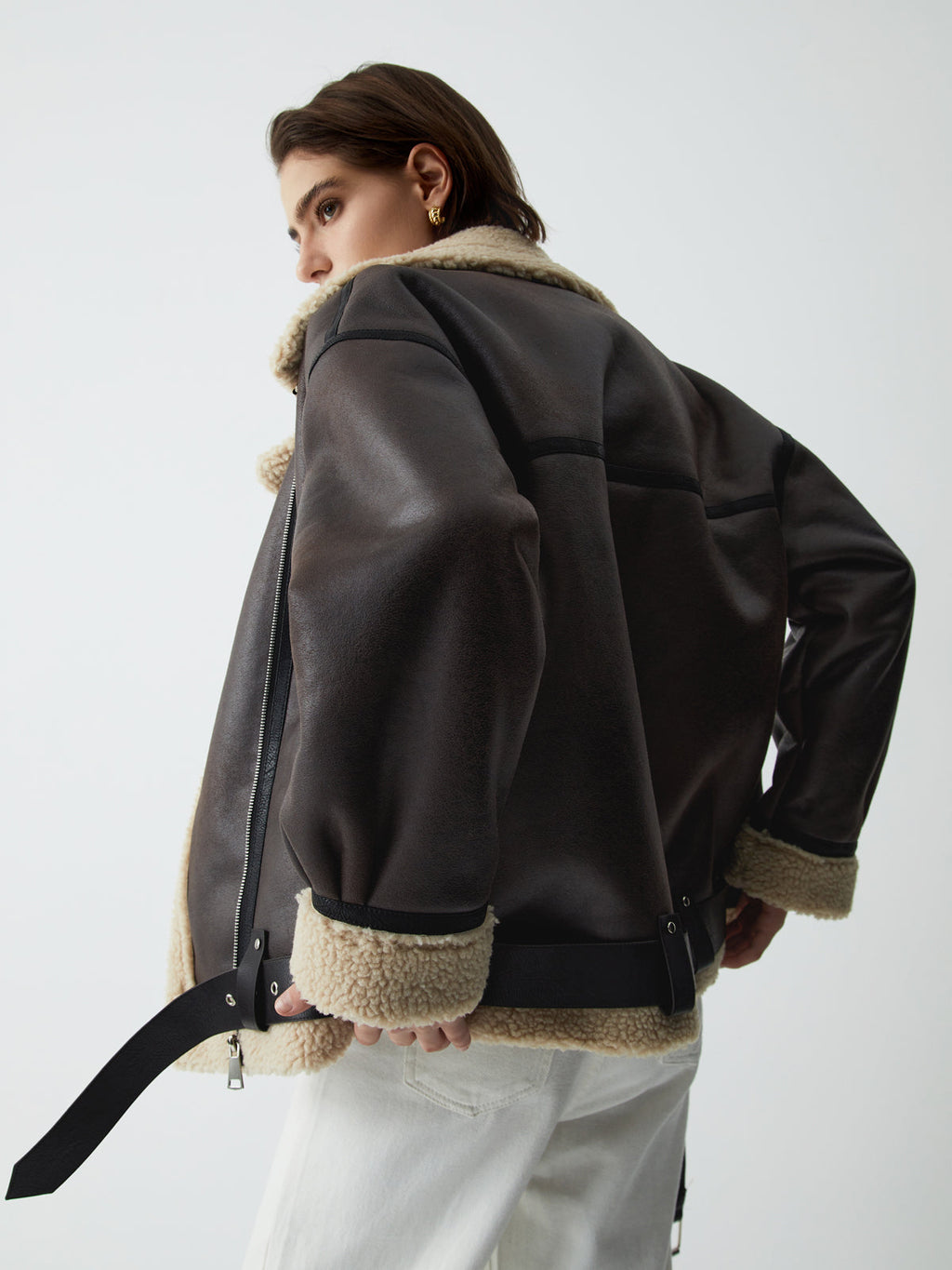 Classic Sherpa Lined Trendy Shearling Leather Flight Jacket Fleece Jackets
