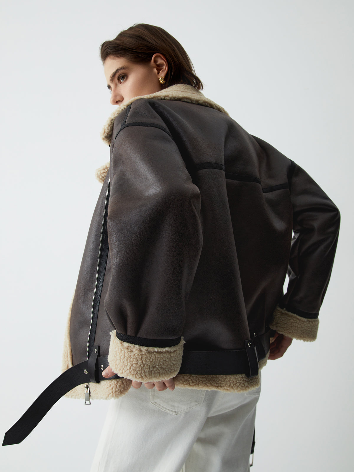 Classic Sherpa Lined Trendy Shearling Leather Flight Jacket Fleece Jackets