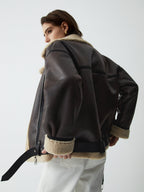 Classic Sherpa Lined Trendy Shearling Leather Flight Jacket Fleece Jackets