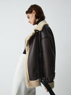 Classic Sherpa Lined Trendy Shearling Leather Flight Jacket Fleece Jackets