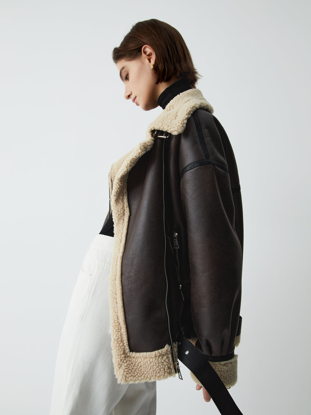Classic Sherpa Lined Trendy Shearling Leather Flight Jacket Fleece Jackets