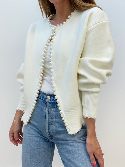 Pearl Trim Graceful Ripped Hem Cardigan