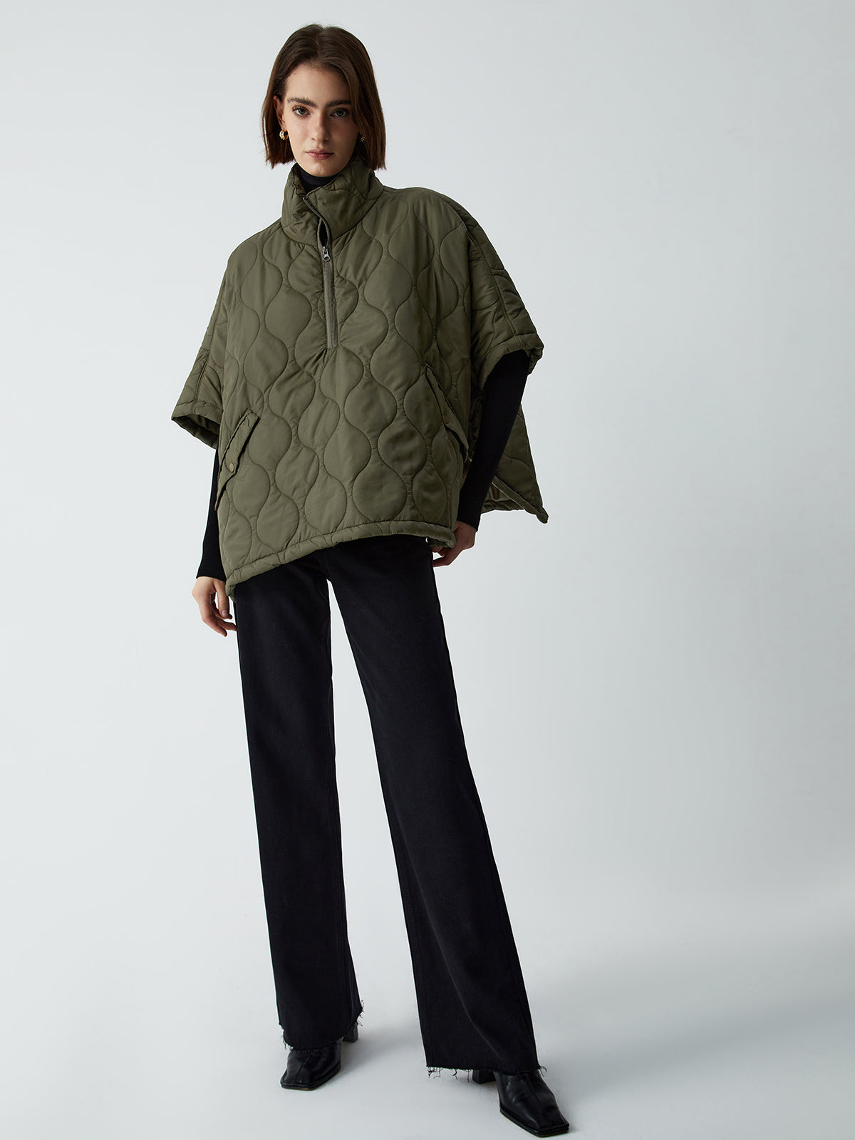 Stand Collar Quilted Trendy Puffer Cape Coat ArmyGreen / S Winter Coats Main image